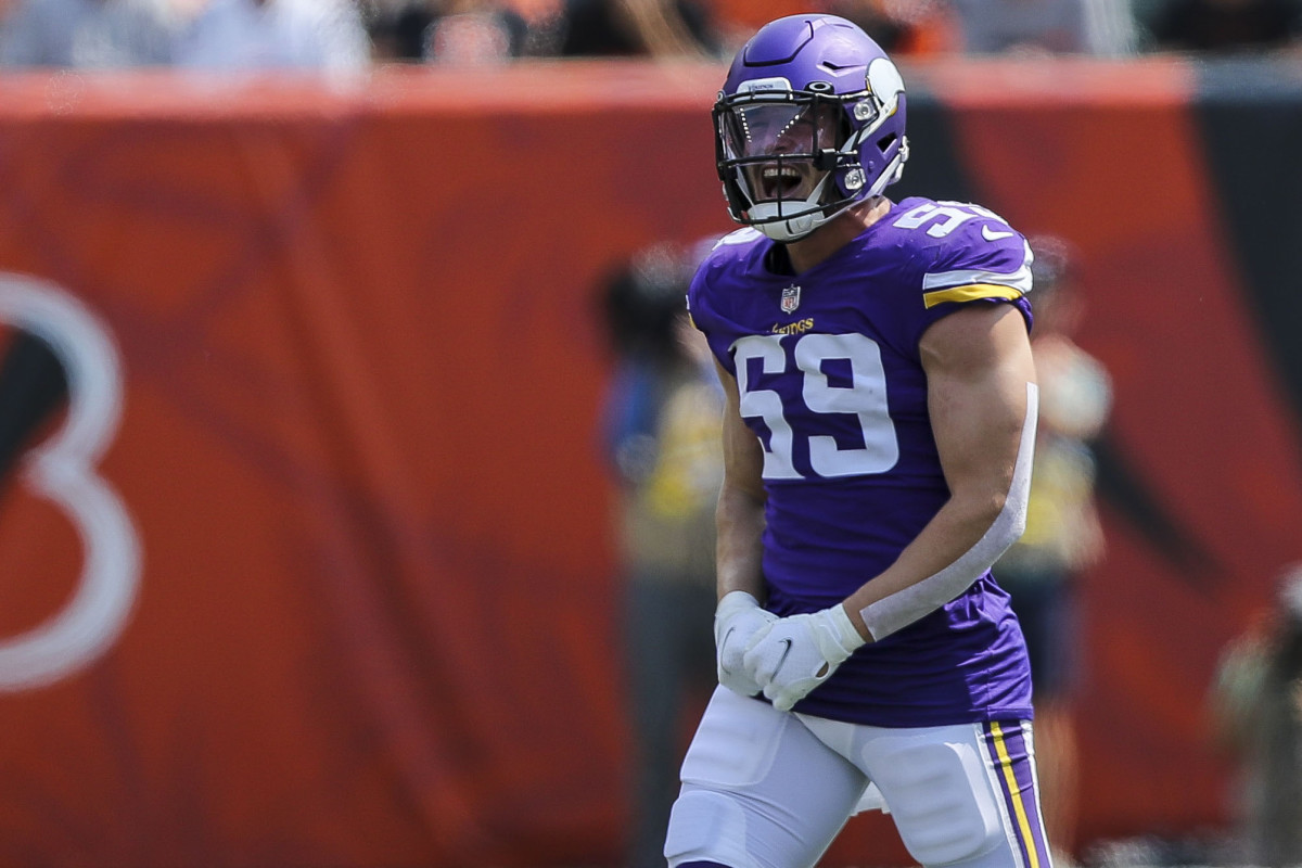 Sep 12, 2021; Cincinnati, Ohio, USA; Minnesota Vikings linebacker Nick Vigil (59) reacts after sacking Cincinnati Bengals quarterback Joe Burrow (np) in the first half at Paul Brown Stadium.